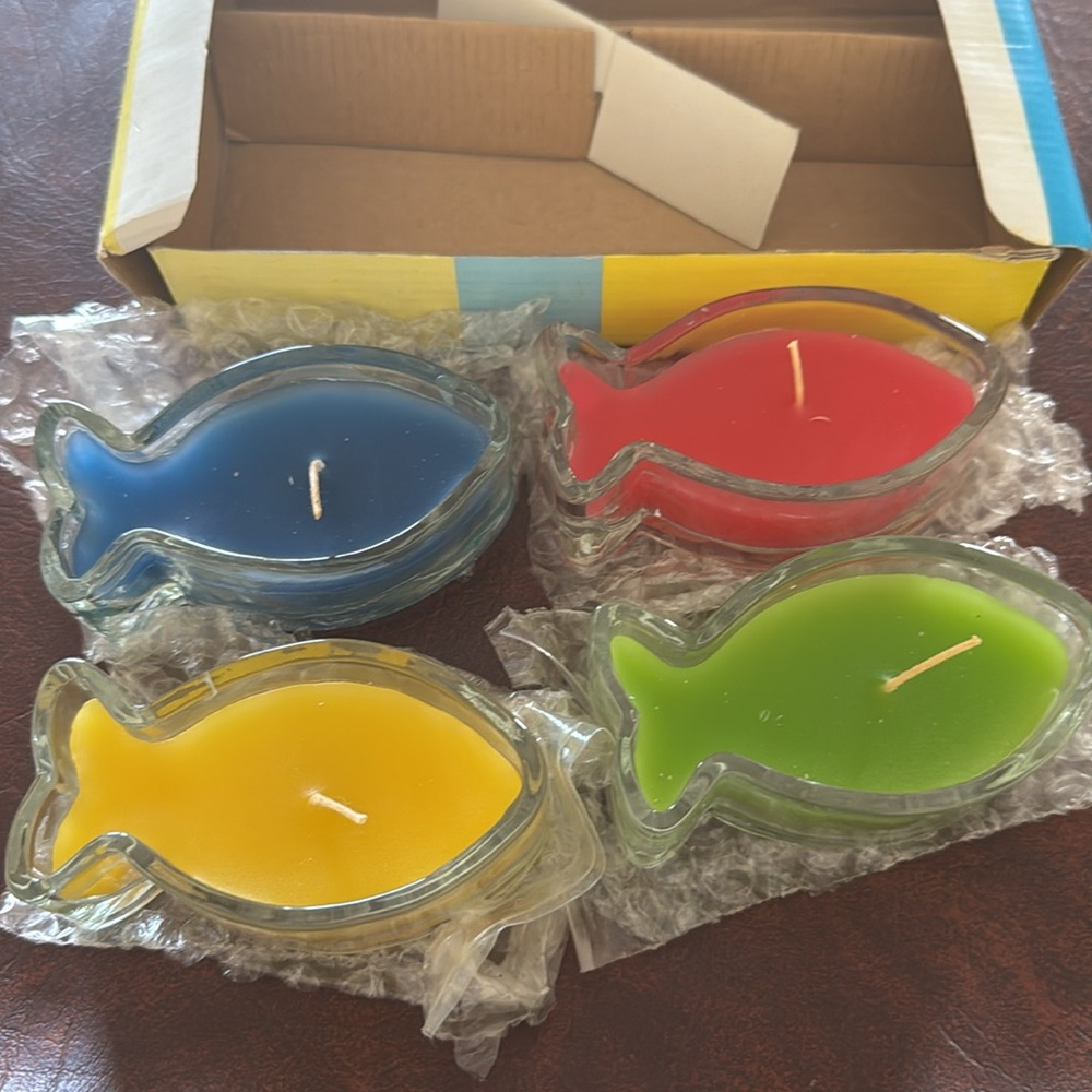 GLASS FISH CANDLES SET OF 4 PINK BLUE YELLOW GREEN VOTIVE